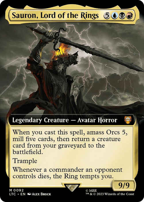 The "Sauron, Lord of the Rings (Extended Art) [The Lord of the Rings: Tales of Middle-Earth Commander]" Magic: The Gathering card features Sauron in dark armor holding a fiery mace against a stormy sky. This Legendary Creature's text describes its abilities related to amassing Orcs, returning a creature, trampling, and the Ring's temptation. It has a power/toughness of 9/9.