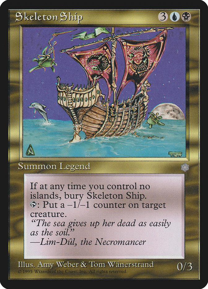 A "Magic: The Gathering" card titled "Skeleton Ship [Ice Age]" from the iconic Ice Age set. This legendary creature card depicts an eerie ship adorned with skeletal bones on its mast, gliding through a moonlit sea accompanied by two dolphins. The card includes detailed game text outlining its abilities and requirements, and it has a power/toughness rating of 0/3.