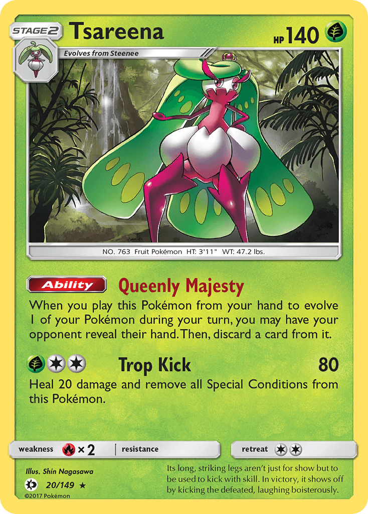 A Pokémon Tsareena (20/149) [Sun & Moon: Base Set] card from the Sun & Moon Base Set featuring Tsareena, a Grass-type Pokémon. This Holo Rare card displays Tsareena with a red and green color scheme, standing proudly in a jungle. It showcases her 