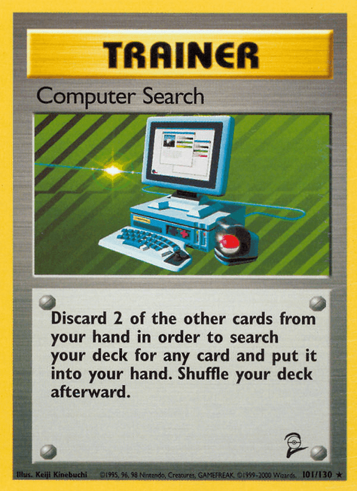 Image of a rare Pokémon Trainer card titled "Computer Search (101/130) [Base Set 2]" from Pokémon. The card features an illustration of an old-school computer with a green monitor and a colorful keyboard and mouse on a desk. The text reads, "Discard 2 of the other cards from your hand in order to search your deck for any card and put it into your hand. Shuffle your deck afterward." It was
