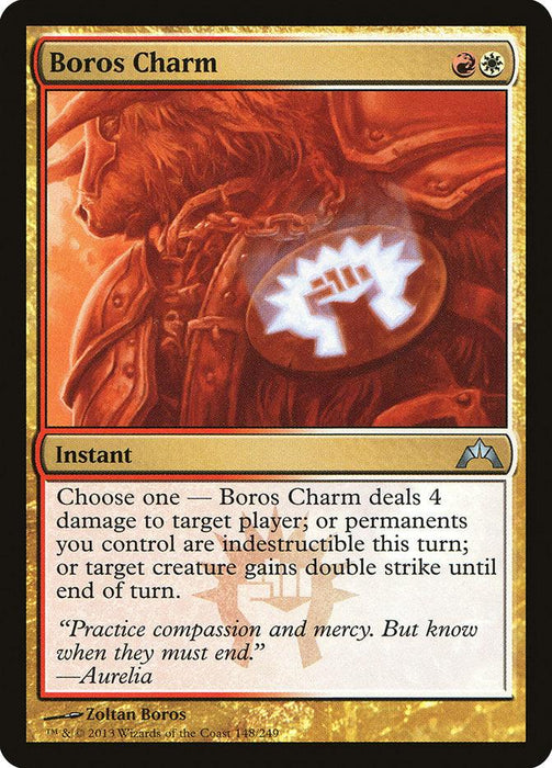 Magic: The Gathering product titled "Boros Charm [Gatecrash]." An instant spell from the Gatecrash set, it requires one red and one white mana to cast. The card features a warrior in red armor, holding a glowing emblem. Options include dealing 4 damage to a player or making your permanents indestructible this turn.