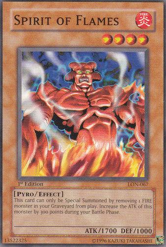 The "Spirit of Flames [LON-067] Common" Yu-Gi-Oh! card is an Effect Monster with 1700 attack and 1000 defense. It features a muscular creature engulfed in flames and can be Special Summoned by removing a FIRE monster from your graveyard. Its edition marks enhance its collectible value.