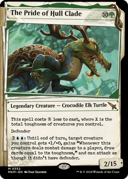 A **Magic: The Gathering** card titled "**The Pride of Hull Clade (Showcase) [Murders at Karlov Manor],**" featuring a Legendary Creature - Crocodile Elk Turtle. With a green, scaly body, antlers, and a shell, this Mythic Rarity card boasts cost reduction and Defender abilities. Its tap ability grants buffs and card draw. It has power/toughness 2/15.