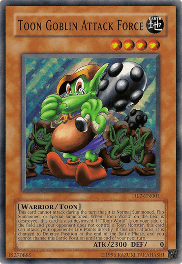 The Yu-Gi-Oh! trading card "Toon Goblin Attack Force [DL7-EN001] Super Rare" features a cartoonish goblin warrior in a sleeveless yellow shirt, brown pants, red gloves, and boots. Wielding a large hammer and surrounded by smaller goblins, this Super Rare Toon Monster has impressive stats of 2300 ATK and 0 DEF.