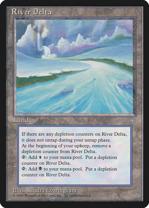 A Magic: The Gathering card titled "River Delta [Ice Age]." This land card, illustrated by Sandra Everingham, features a serene river flowing through a delta under a cloudy sky. The text describes its abilities involving depletion counters and mana production.