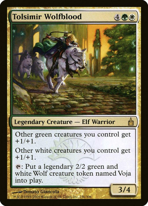 A Magic: The Gathering card named Tolsimir Wolfblood [Ravnica: City of Guilds]. This Legendary Creature is an Elf Warrior with a power/toughness of 3/4. The card art depicts Tolsimir riding a wolf, accompanied by two others, and it has abilities that boost green and white creatures.