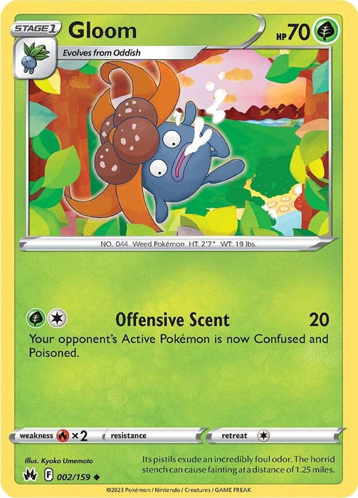 Pokémon Gloom (002/159) [Sword & Shield: Crown Zenith] card. It is green with 70 HP. Crown Zenith features Gloom, a blue plant Pokémon with drooping eyes and a foul-smelling flower on its head, standing in foliage. The Offensive Scent attack confuses and poisons the opponent’s Active Pokémon. Weakness: fire, resistance: none, retreat: 2.
