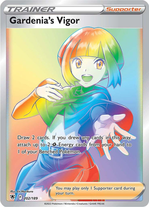 A Pokémon card titled "Gardenia’s Vigor (202/189) [Sword & Shield: Astral Radiance]" from the Astral Radiance set featuring an illustrated character with rainbow-colored hair and green eyes, standing in a dynamic pose with an outstretched hand. The Secret Rare card text reads: "Draw 2 cards. Attach up to 2 Grass Energy cards from your hand to 1 of your Benched Pokémon." The bottom text states:
