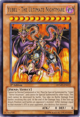 The image is of a Yu-Gi-Oh! trading card from the Ra Yellow Mega Pack called "Yubel - The Ultimate Nightmare [RYMP-EN072] Rare." This Effect Monster features a dark, three-headed dragon with purple scales, multiple wings, and horns. With ATK and DEF values of 0, the card text details its special summoning conditions and battle effects.