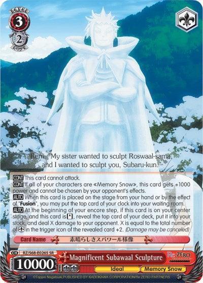 A Super Rare trading card features a white, snow-like sculpture of a figure with spiky hair, a long cape, and an outstretched arm. The snowy background enhances the "Magnificent Subawaal Sculpture (RZ/S68-E026S SR) [Re:ZERO Memory Snow]" title. The text box includes complex game rules, a point value of 10000, and various stats and icons from Bushiroad.