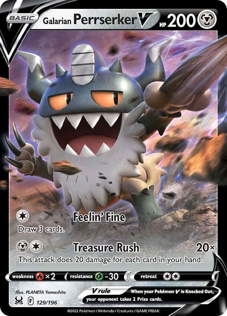 Image of a Pokémon trading card featuring Galarian Perrserker V (129/196) [Sword & Shield: Lost Origin] from the Pokémon series. It's a steel-type Basic Pokémon with 200 HP. The card shows an illustration of the character with sharp teeth and claws, wearing a Viking-like helmet. Moves listed are 