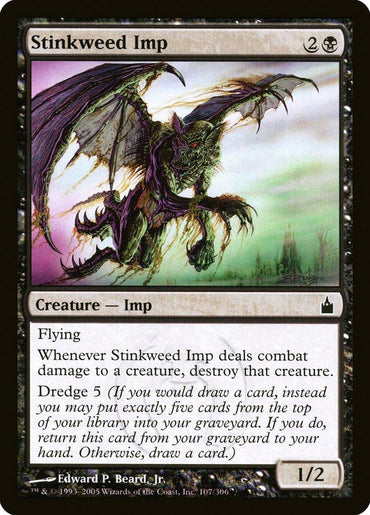 A Magic: The Gathering card from Ravnica: City of Guilds, "Stinkweed Imp [Ravnica: City of Guilds]" showcases a demonic imp with bat-like wings flying over a desolate landscape. It costs 2B to cast and has abilities like "Flying," "Whenever Stinkweed Imp deals combat damage to a creature, destroy that creature," and "Dredge 5." With power and