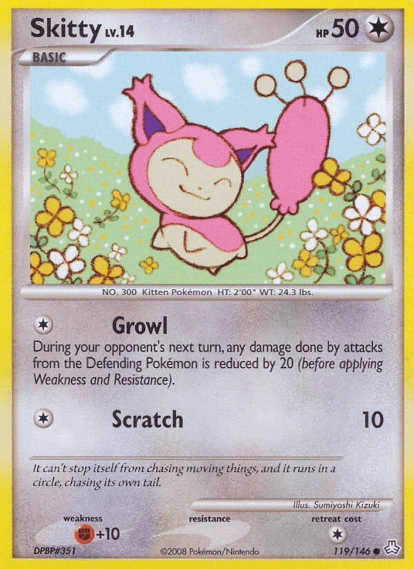 A Skitty (119/146) [Diamond & Pearl: Legends Awakened] Pokémon trading card from the Diamond & Pearl series. Skitty is illustrated with a pink, cat-like body and a cream-colored face, standing on a light purple background. The Colorless card details Skitty's stats: Level 14, 50 HP, and includes two moves: Growl and Scratch. The card number is 119/146.