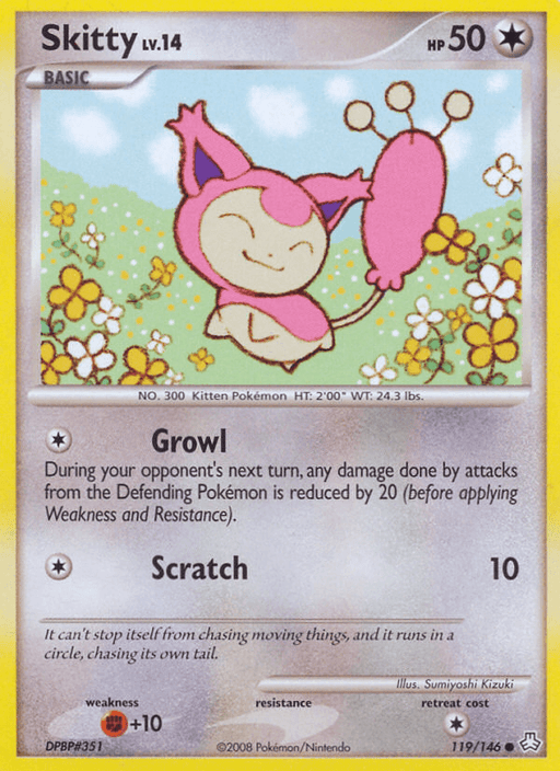 A Skitty (119/146) [Diamond & Pearl: Legends Awakened] Pokémon trading card from the Diamond & Pearl series. Skitty is illustrated with a pink, cat-like body and a cream-colored face, standing on a light purple background. The Colorless card details Skitty's stats: Level 14, 50 HP, and includes two moves: Growl and Scratch. The card number is 119/146.