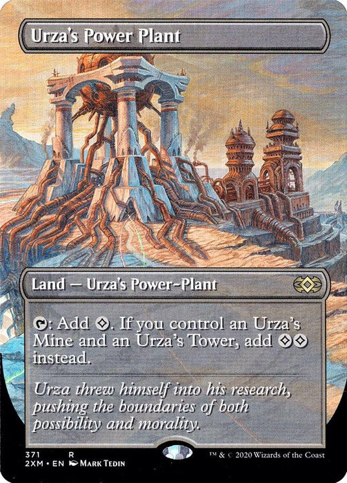 A Magic: The Gathering card titled "Urza's Power Plant (Toppers) [Double Masters]" from the Double Masters set. The artwork depicts a rocky landscape with ancient structures and a towering archway. This rare land card can add colorless mana, increasing output if in conjunction with other specific lands. Text at the bottom reads: "Urza threw himself into his research, pushing the boundaries of both possibility and morality." Art