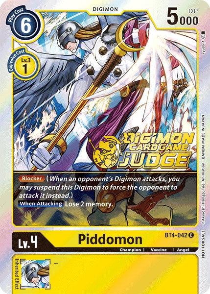 Introducing the Digimon card "Piddomon [BT4-042] (Judge Pack 1) [Great Legend Promos]", featuring an angelic figure holding a staff and clad in armor. This Level 4 Champion card has a play cost of 6, boasts 5000 DP, and belongs to the Angel category. Its notable abilities include 'Blocker' and 'When Attacking: Lose 2 memory'.