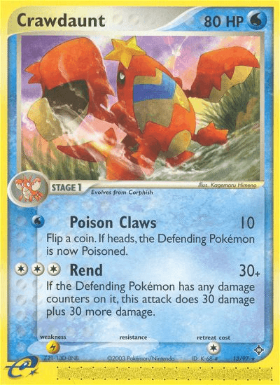 Image of a rare Crawdaunt (13/97) [EX: Dragon] Pokémon trading card from the Pokémon series. The card shows Crawdaunt, a lobster-like Water Pokémon, with blue and red armor and large pincers. It has 80 HP and two attack moves: "Poison Claws" and "Rend." The card illustration depicts Crawdaunt in a dynamic stance.