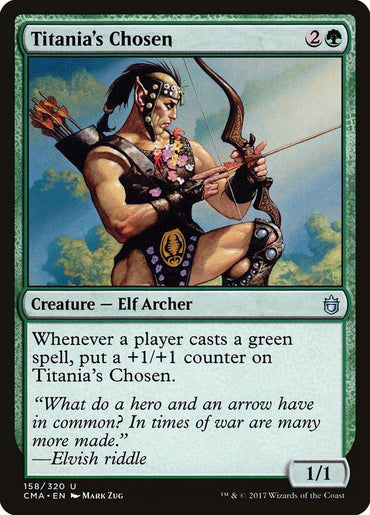 Image of a Magic: The Gathering card titled "Titania's Chosen [Commander Anthology]" from Magic: The Gathering. It depicts a muscular elf archer drawing a bow, adorned with a floral necklace and armor. The card’s mana cost is two green and generic, and it gains a +1/+1 counter when green spells are cast. It's a 1/1 creature.