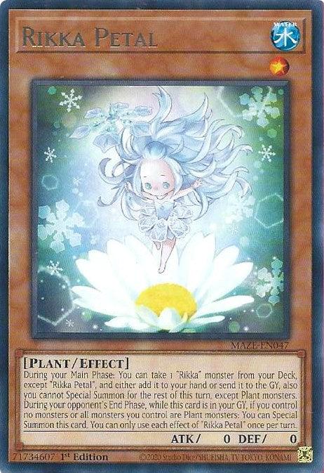 A "Yu-Gi-Oh!" trading card displaying "Rikka Petal [MAZE-EN047] Rare," a Water attribute Plant-type Effect Monster. The artwork features a small fairy with white hair and a dress, emerging from a blooming white flower. The card details its effect, attributes, and stats: 0 ATK and 0 DEF.