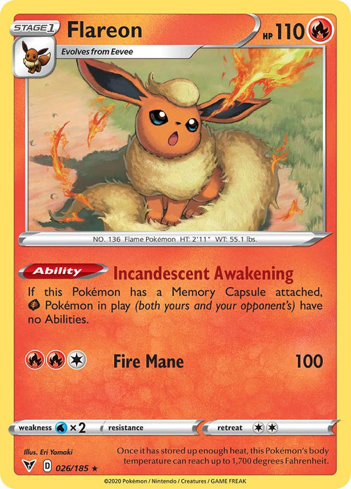A rare Pokémon trading card featuring **Flareon (026/185) [Sword & Shield: Vivid Voltage]** from the **Pokémon** series. Flareon is depicted in an orange border with a fiery background. The card showcases Flareon's abilities: "Incandescent Awakening" and "Fire Mane," which deals 100 damage. It also displays Flareon's stats, including 110 HP, weakness, and retreat cost.