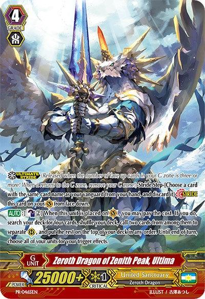 A fantasy card titled "Zeroth Dragon of Zenith Peak, Ultima (PR/0465EN) [Promo Cards]" from Bushiroad features powerful dragon artwork with large wings and a glowing aura. As a Grade 4 Promo Card with 25000+ power and 1 critical, it showcases abilities such as "Ultimate Stride." A red and gold background enhances the design.