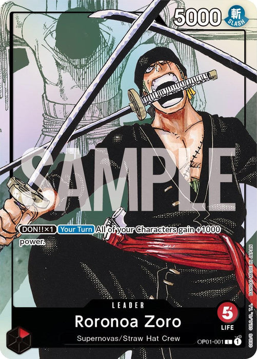 A trading card featuring Roronoa Zoro (Alternate Art) [One Piece Promotion Cards] from Bandai. Zoro is depicted in a combat stance, holding three swords, with one in his mouth. The card bears his name, attributes, and special abilities. "SAMPLE" is boldly printed across this exclusive promo image of the formidable leader.