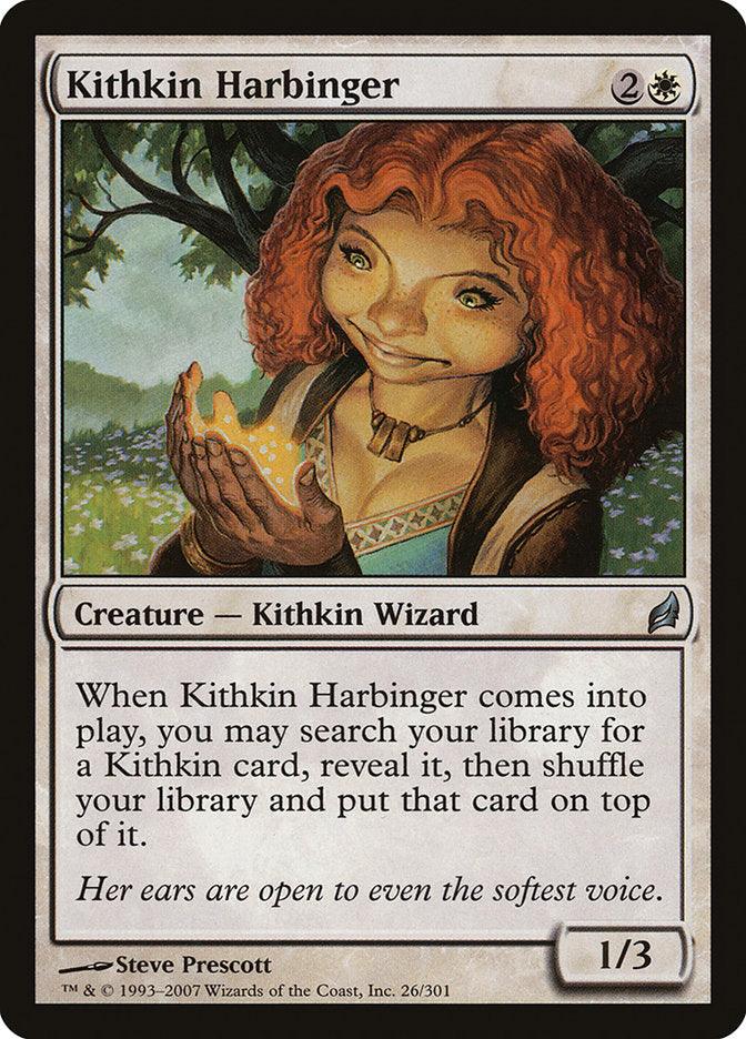 A Magic: The Gathering card titled “Kithkin Harbinger [Lorwyn]” showcases a red-haired, wide-eyed Kithkin Wizard clutching a glowing object. This character is dressed in a brown tunic and is depicted amidst lush greenery, with text detailing the creature's abilities and stats.