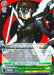 Trading card featuring Makoto as QUEEN: The Phantom Tactician (P5/S45-E028S SR) [Persona 5], inspired by Persona 5. Text and action descriptions over a red-stark background with the masked character holding a gun. Bottom section includes stats: 1000 power, 0 soul, and traits: Super Rare Thief and Student Council by Bushiroad.