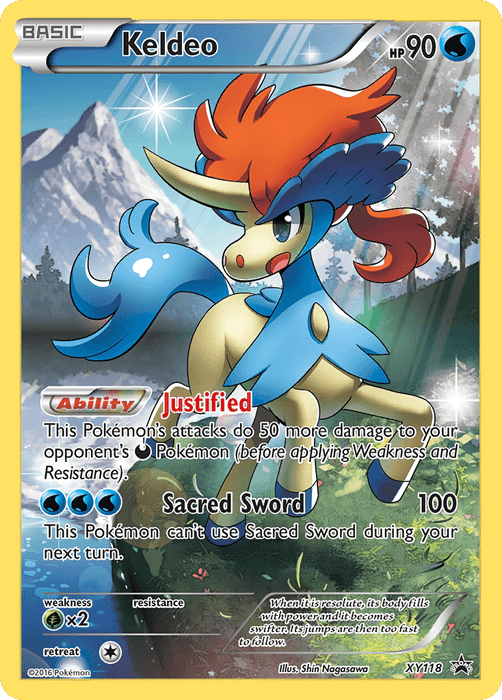 A Pokémon card featuring Keldeo, a Water Type Basic Pokémon with 90 HP. Keldeo has a blue and cream-colored body, red mane, and tail. Part of the Pokémon Black Star Promos series, this card highlights two abilities: "Justified," which increases attack damage, and "Sacred Sword," dealing 100 damage but unusable next turn. The product in question is Keldeo (XY118) [XY: Black Star Promos].