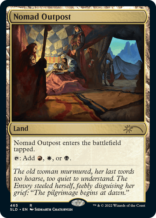 A Magic: The Gathering card titled "Nomad Outpost [Secret Lair Drop Series]." As a Rare Land card, its artwork depicts a medieval encampment scene. The card's border frame reads, "Land: Nomad Outpost enters the battlefield tapped" and "Add Red, White, or Black mana." Flavor text: “The old woman murmured...”.