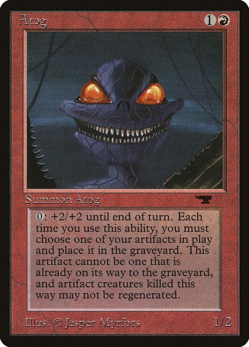 The image is of an Atog [Antiquities] card from Magic: The Gathering. It is a red creature card with a casting cost of one generic mana and one red mana. The art depicts a menacing blue atog with sharp teeth and glowing eyes. The text describes its ability: sacrificing artifacts for a temporary power boost.