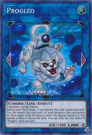 Image of a Yu-Gi-Oh! trading card named "Progleo (Legacy of the Duelist: Link Evolution) [LOD2-EN001] Super Rare." The card features an illustrated blue, robotic lion with armor and mechanical components. It's a Cyberse/Link/Effect Monster with stats: ATK 1000, LINK-2. Artwork shows the lion in an action pose with a digital blue background.