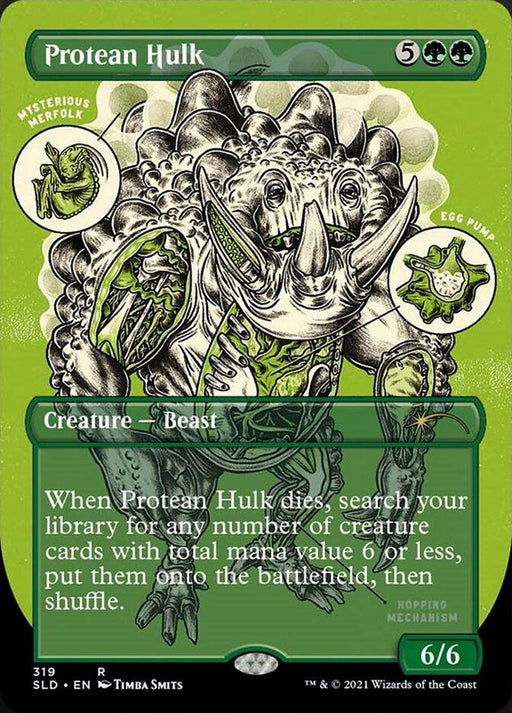 A Magic: The Gathering card named "Protean Hulk (Borderless Foil Etched) [Secret Lair Drop Series]," part of the Secret Lair Drop Series, is a green creature card with a casting cost of 5 generic mana and 2 green mana. Featuring detailed artwork of a multi-eyed, armored beast, this 6/6 card's ability lets you search your library for other creature cards when it dies.