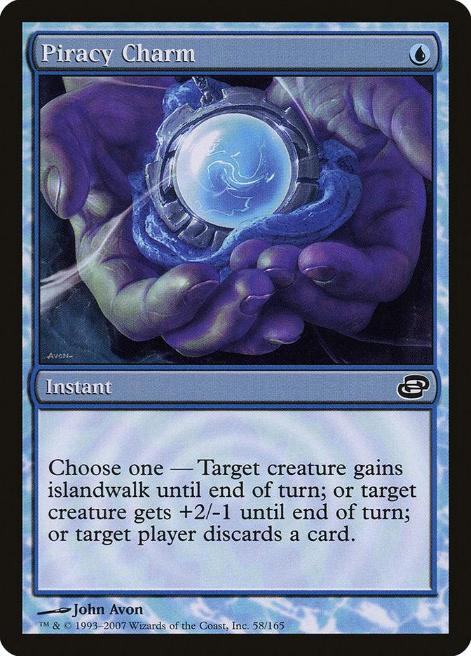 Piracy Charm [Planar Chaos] is a Magic: The Gathering instant card by John Avon that features hands holding a blue orb. It gives target creature islandwalk, +2/-1, or makes a player discard a card.