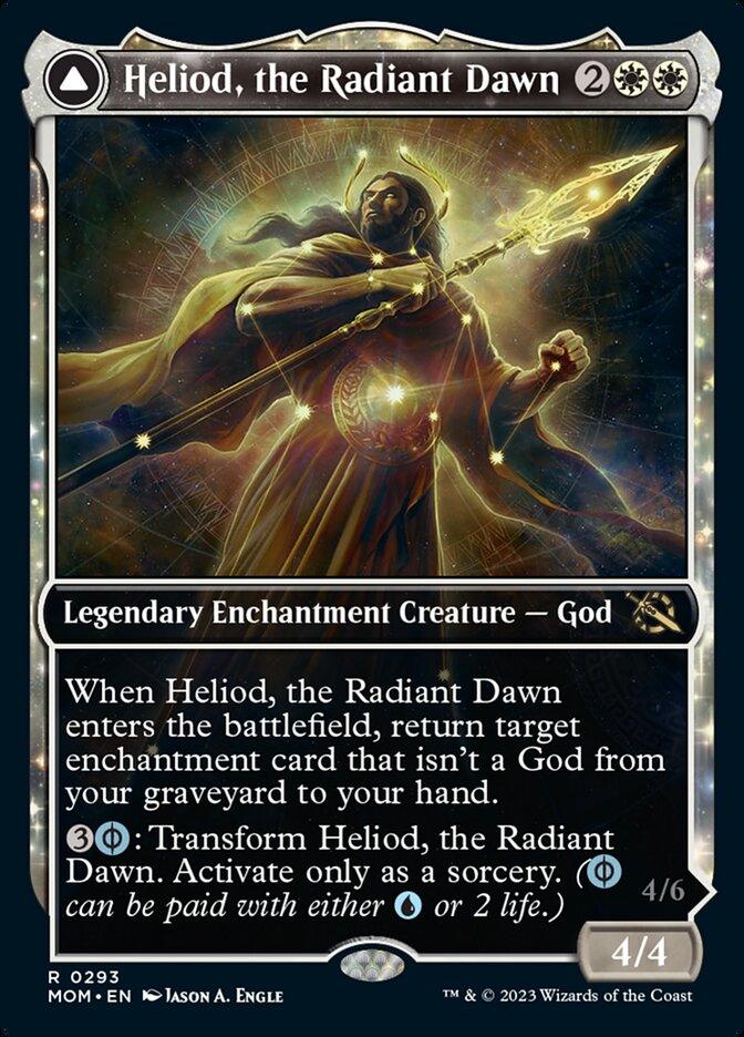 A Magic: The Gathering card titled "Heliod, the Radiant Dawn // Heliod, the Warped Eclipse (Showcase Planar Booster Fun) [March of the Machine]." It features a radiant, divine figure with outstretched arms, surrounded by glowing light and an ethereal halo. This Legendary Enchantment Creature - God has a casting cost of 2 white mana and 2 colorless mana, power and toughness of 4/4, and abilities involving enchantment retrieval and transformation into a more powerful form.