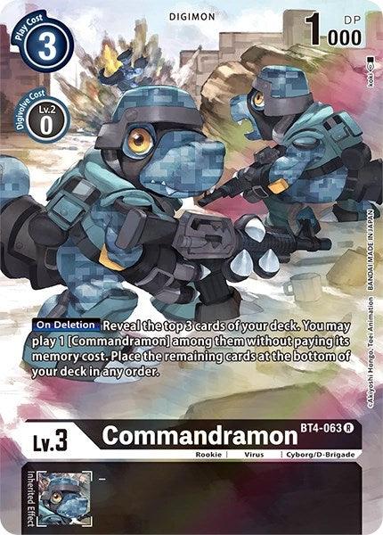 An alternate art trading card from the Digimon "Dimensional Phase" series features "Commandramon [BT4-063]," a Digimon with a camouflaged, armored appearance carrying a rifle. The card details include "Lv. 3," "1000 DP," and "Play Cost 3." Its effect states: "On Deletion: Reveal the top 3 cards of your deck. You may play 1 [Commandramon] among them without paying its memory cost.