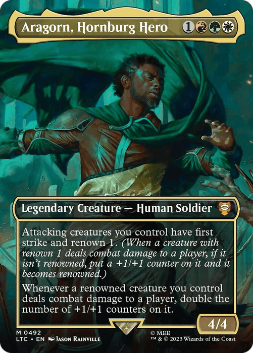 A Magic: The Gathering card titled "Aragorn, Hornburg Hero (Borderless)" from The Lord of the Rings: Tales of Middle-Earth Commander set. Costing one red, one green, one white, and two generic mana, it features an illustration of a man with a sword and a glowing symbol on his chest. This Legendary Creature - Human Soldier boasts a power/toughness rating of 4/4.