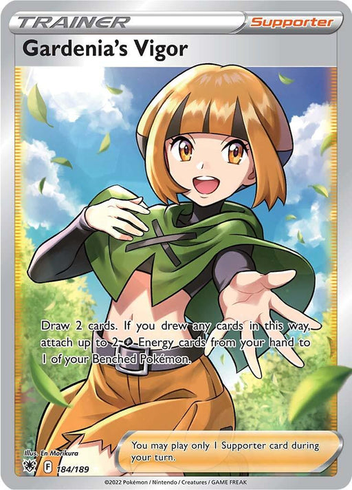 A Pokémon trading card titled "Gardenia's Vigor (184/189) [Sword & Shield: Astral Radiance]" from the Pokémon brand. This Ultra Rare Supporter card features an illustration of a cheerful, short-haired girl with a green cape extending her hand forward, surrounded by greenery and sunlight. The card text describes a game effect involving drawing cards and attaching energy cards to Benched Pokémon.