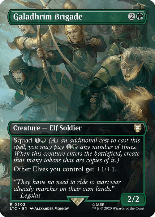 Magic: The Gathering card titled "Galadhrim Brigade (Borderless) [The Lord of the Rings: Tales of Middle-Earth Commander]." It depicts armed elf soldiers from Tales of Middle-Earth, including shield bearers and one archer, preparing for battle. The card costs 2 and a green mana, has a 2/2 power/toughness, and features abilities "Squad" and "+1/+1 to other Elves." Flavor text by Leg