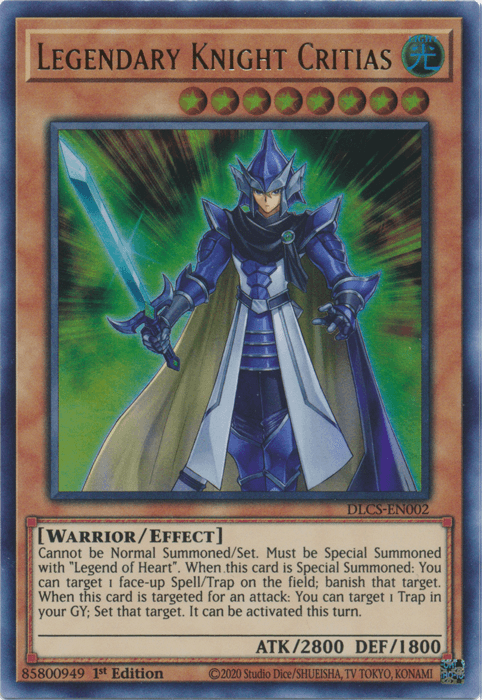 A "Yu-Gi-Oh!" trading card featuring "Legendary Knight Critias [DLCS-EN002] Ultra Rare." This Ultra Rare card showcases a blue-armored knight with a sword and shield, set against blue hexagonal patterns. The card details include its attributes: [Warrior/Effect], ATK 2800, DEF 1800, and its effect description.