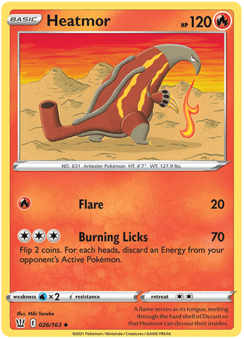A Heatmor (026/163) [Sword & Shield: Battle Styles] Pokémon card with 120 HP. Depicted as an anteater with flames and a long tongue, it uses attacks: Flare (20) and Burning Licks (70). The card is number 026/163 from the Sword & Shield: Battle Styles series. With a weakness to Water, it features art by Miki Tanaka.