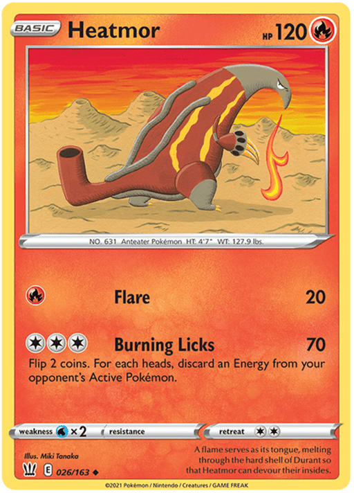 A Heatmor (026/163) [Sword & Shield: Battle Styles] Pokémon card with 120 HP. Depicted as an anteater with flames and a long tongue, it uses attacks: Flare (20) and Burning Licks (70). The card is number 026/163 from the Sword & Shield: Battle Styles series. With a weakness to Water, it features art by Miki Tanaka.