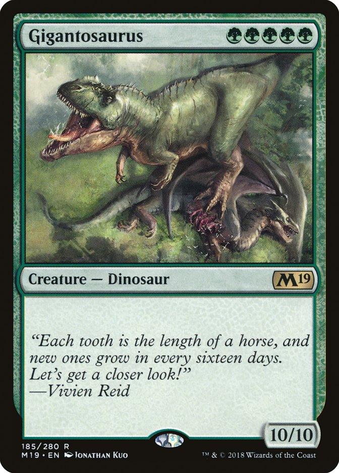 A Magic: The Gathering product, Gigantosaurus [Core Set 2019], featuring a large green Creature Dinosaur with an open mouth full of sharp teeth. The Rare card from Core Set 2019 has a green border, five green mana symbols at the top right, quotes 