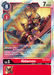 The Aldamon [BT4-016] [Great Legend] card from Digimon showcases the hybrid creature Aldamon, depicted as a fiery, armored being wielding a weapon. Set against a red background, the card highlights game stats: Play Cost 8, Evolution Cost 3, DP 7000, and Level 5. As a super rare card, it offers special abilities and features detailed text beneath Aldamon's image.