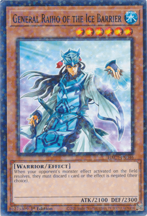 The image shows the "General Raiho of the Ice Barrier (Duel Terminal) [HAC1-EN046]" Yu-Gi-Oh! trading card. This Common card features a warrior in icy armor, holding a sword and an icy blue orb. The bottom text box details its properties: ATK/2100, DEF/2300, Effect Monster that discards a card if an opponent's monster effect activates.