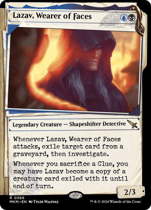 The image is a Magic: The Gathering card titled "Lazav, Wearer of Faces (Showcase) (0366) [Murders at Karlov Manor]." It depicts a hooded, shadowy figure with glowing red eyes and a blurred background. This Legendary Creature - Shapeshifter Detective features special abilities linked to the Murders at Karlov Manor. The card's power and toughness are 2/3.