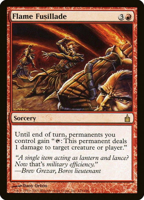 A Magic: The Gathering card named "Flame Fusillade [Ravnica: City of Guilds]." This rare card, from the Ravnica: City of Guilds set, has a red border and a casting cost of 3 colorless and 1 red mana. The artwork depicts three warriors in action, shooting fire arrows. The card text grants all permanents the ability to tap and deal 1 damage. Flavor text