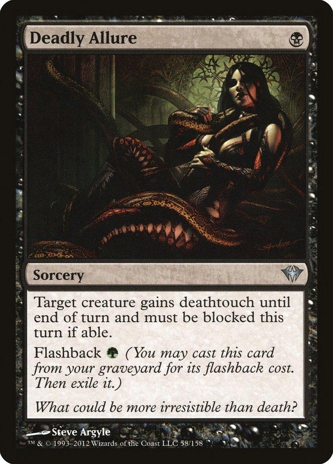 The "Deadly Allure [Dark Ascension]" card from Magic: The Gathering showcases haunting artwork of a dark, seductive figure intertwined with snakes. This sorcery grants a target creature deathtouch and ensures it must be blocked this turn if able. With its flashback cost of G, the allure of death is simply irresistible.