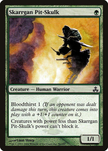 A Magic: The Gathering product named "Skarrgan Pit-Skulk [Guildpact]" features a human warrior wielding an axe on rocky terrain. The card's text box details "Bloodthirst 1" and blocking restrictions. Power and toughness are listed as 1/1.