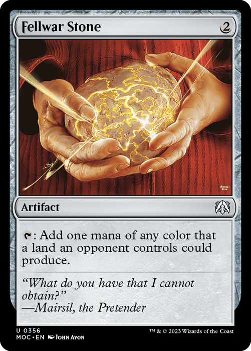 The "Fellwar Stone [March of the Machine Commander]" from Magic: The Gathering costs 2 colorless mana to play and is an artifact. Its illustration features glowing hands holding a luminous, spherical stone adorned with intricate patterns. The card text explains its capability to add one mana of any color that an opponent's land could produce to your mana pool.